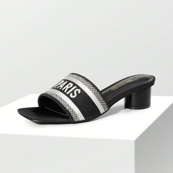 Black Glamorous Women's Glittery Chunky Heeled Square Toe Mule Sandals - Picture 1 of 7